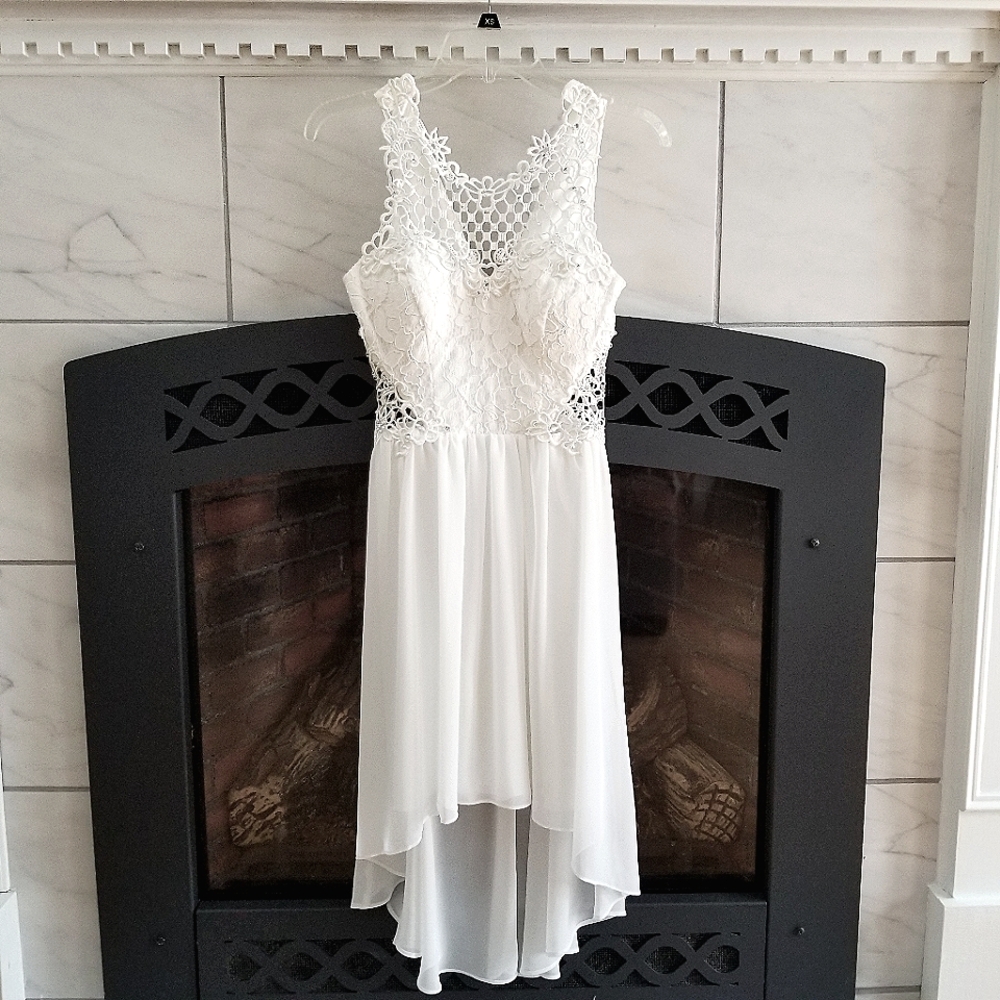 City Triangles White Lace Illusion High Low Dress